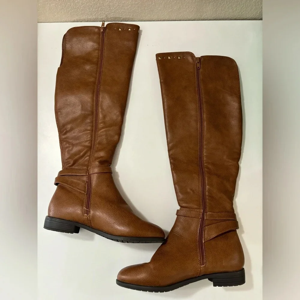 NWOT Rialto Ferrell Cognac Knee High Studded Riding Boots